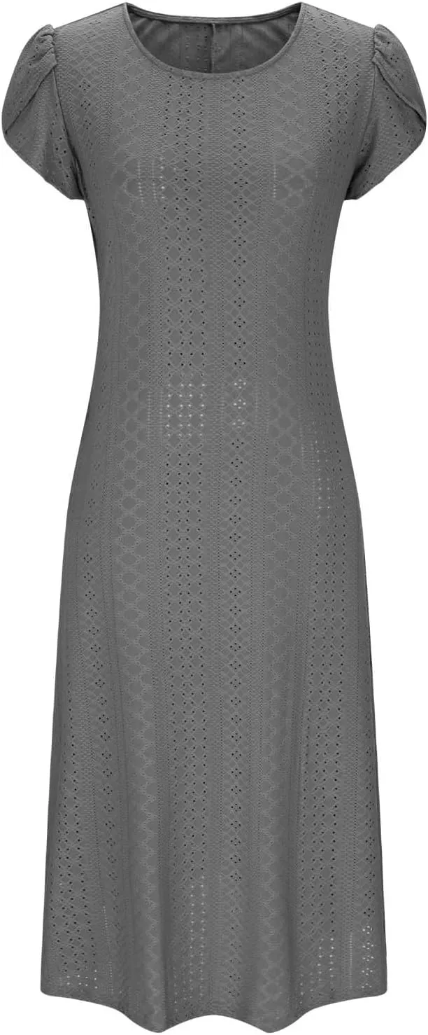 Spring Dresses for Women 2025 Eyelet Short Sleeve Midi Sundress Hollow Out Empire Waist Summer Dress with Pockets