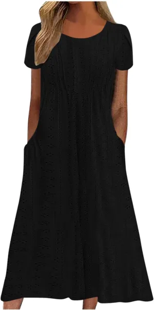 Spring Dresses for Women 2025 Eyelet Short Sleeve Midi Sundress Hollow Out Empire Waist Summer Dress with Pockets