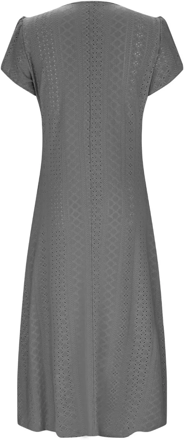 Spring Dresses for Women 2025 Eyelet Short Sleeve Midi Sundress Hollow Out Empire Waist Summer Dress with Pockets