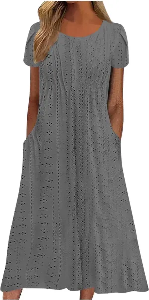 Spring Dresses for Women 2025 Eyelet Short Sleeve Midi Sundress Hollow Out Empire Waist Summer Dress with Pockets
