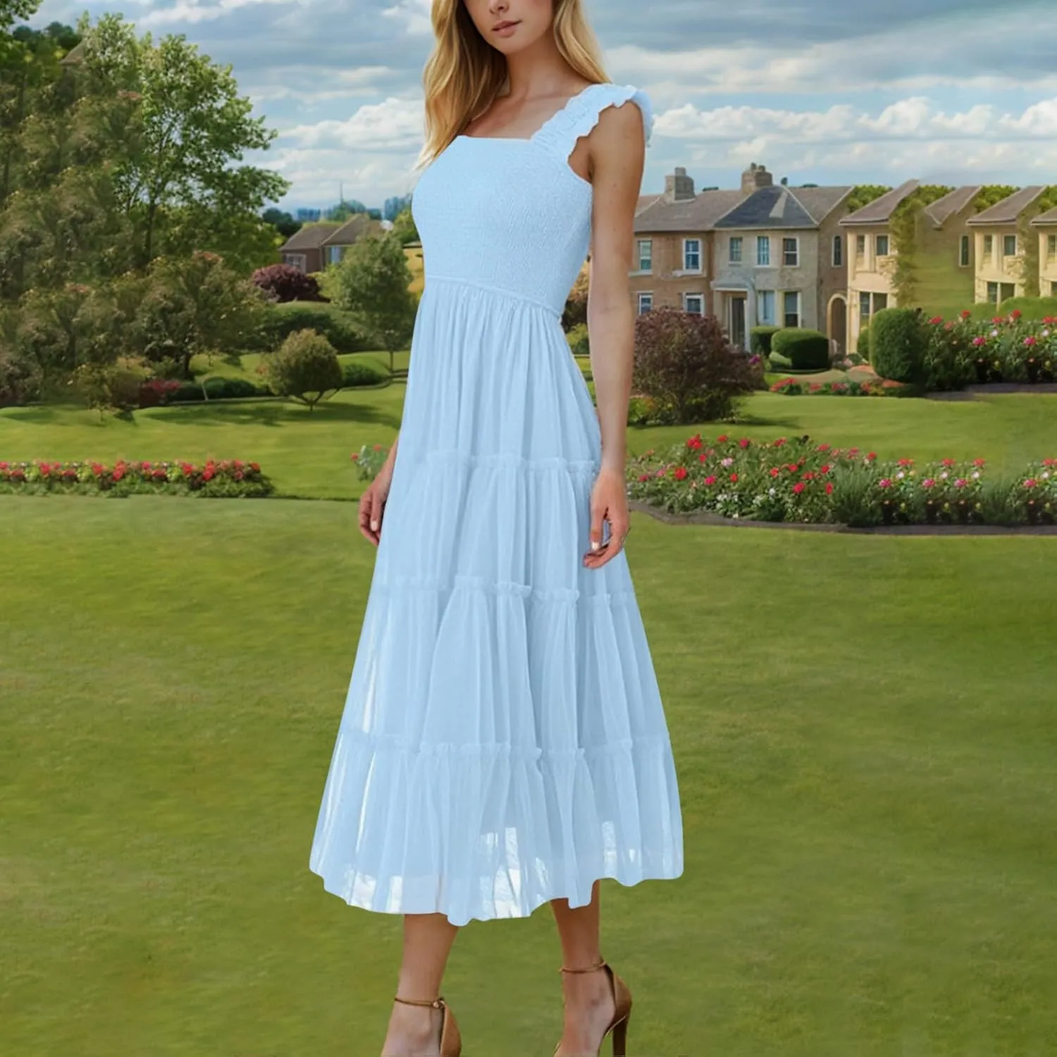 Square Neck Smocked Maxi Dress for Women with Ruffled Straps TieBoho Beach Dress