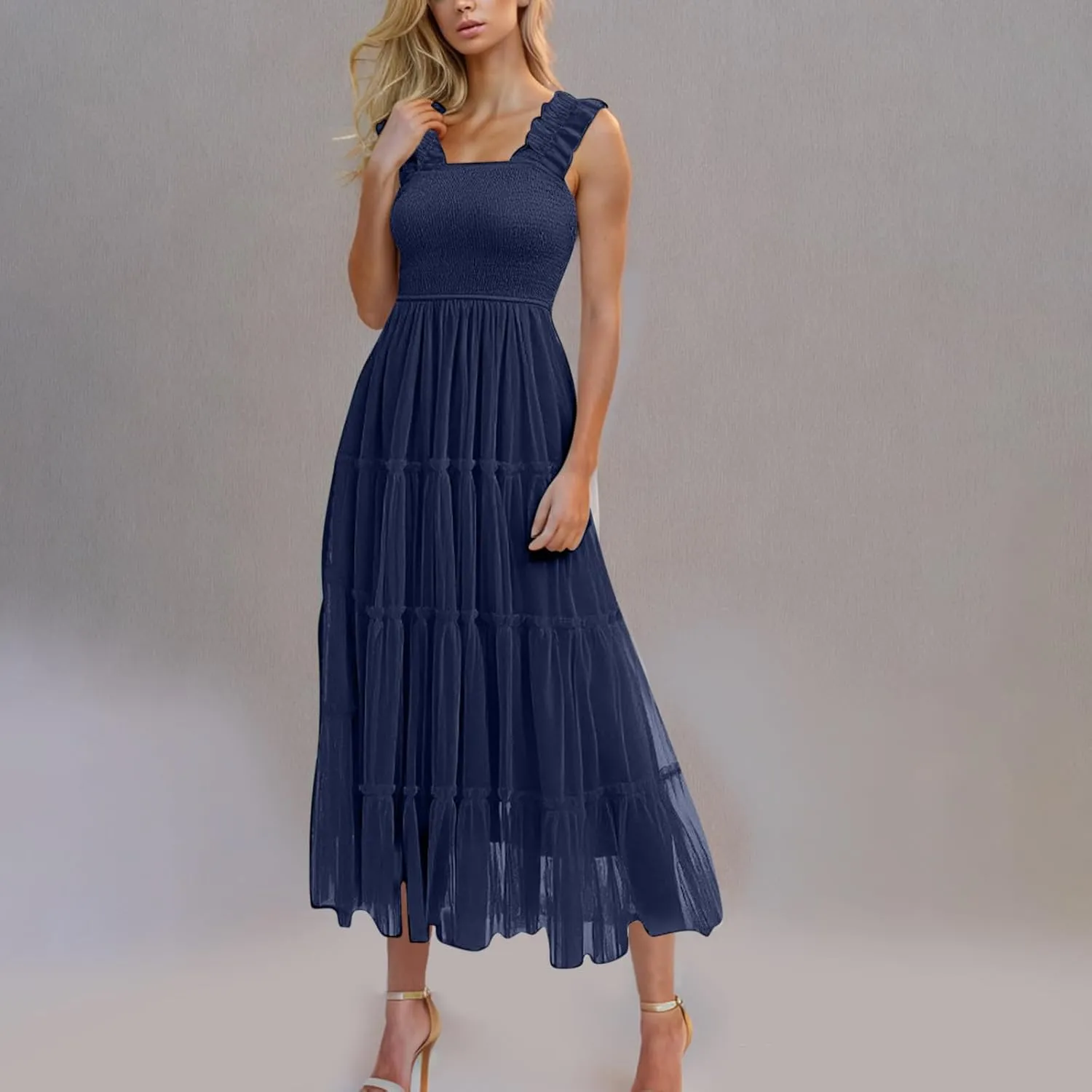 Square Neck Smocked Maxi Dress for Women with Ruffled Straps TieBoho Beach Dress
