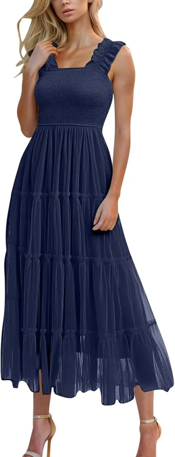 Square Neck Smocked Maxi Dress for Women with Ruffled Straps TieBoho Beach Dress