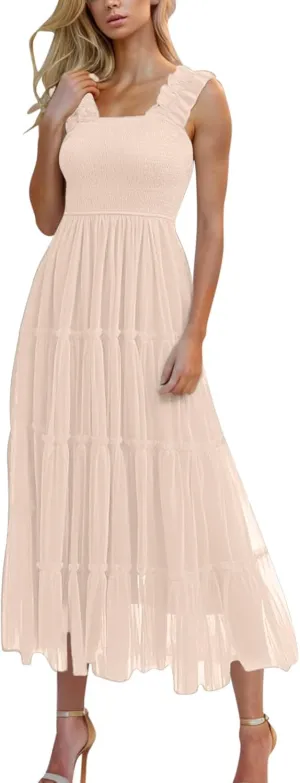 Square Neck Smocked Maxi Dress for Women with Ruffled Straps TieBoho Beach Dress