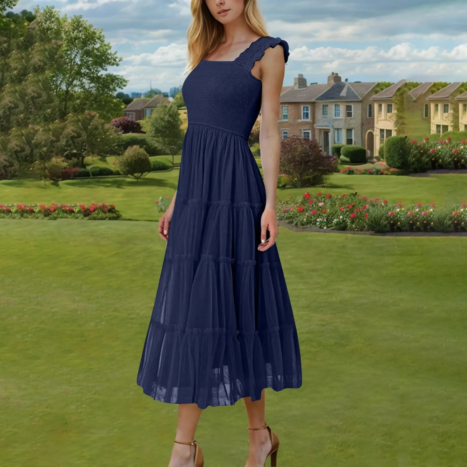 Square Neck Smocked Maxi Dress for Women with Ruffled Straps TieBoho Beach Dress