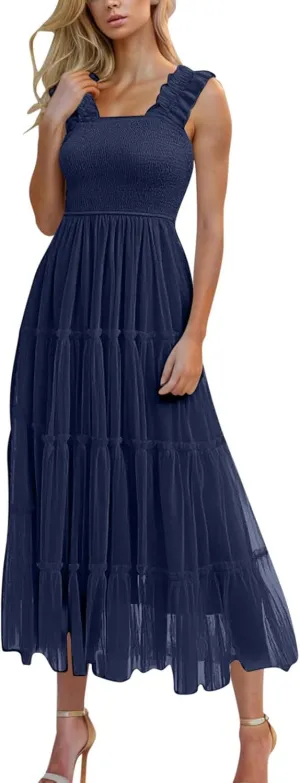 Square Neck Smocked Maxi Dress for Women with Ruffled Straps TieBoho Beach Dress