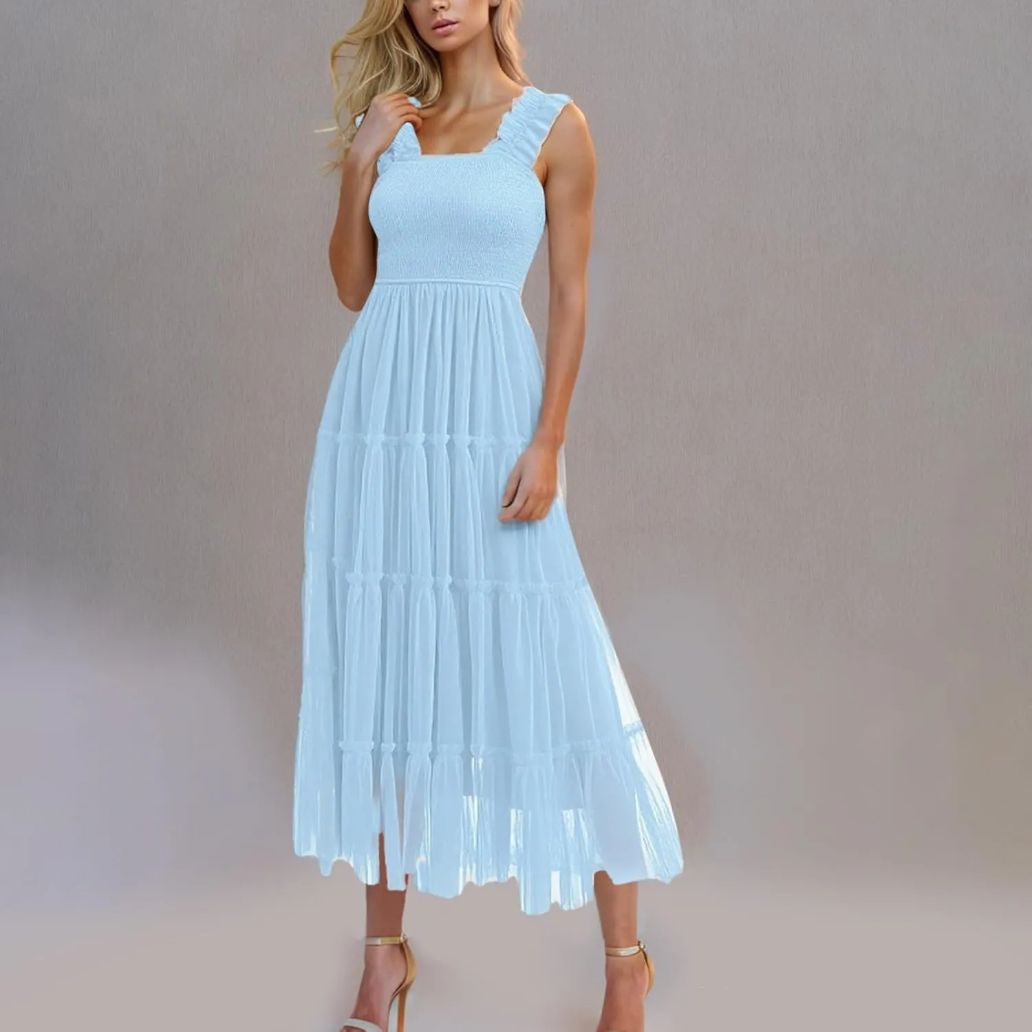 Square Neck Smocked Maxi Dress for Women with Ruffled Straps TieBoho Beach Dress