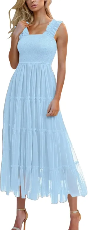 Square Neck Smocked Maxi Dress for Women with Ruffled Straps TieBoho Beach Dress
