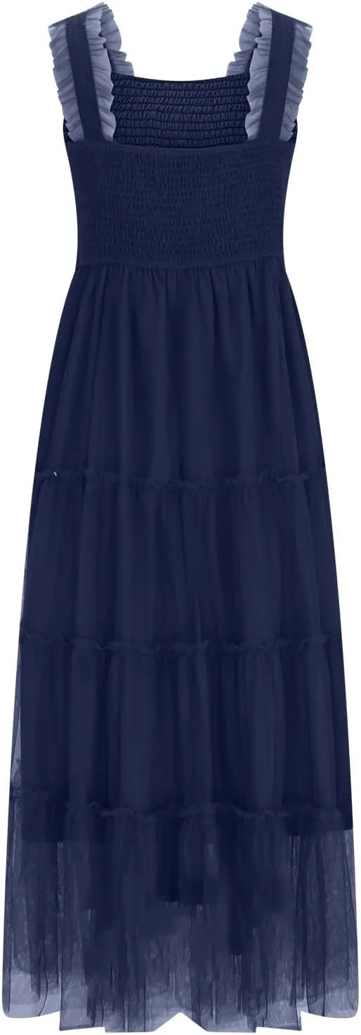 Square Neck Smocked Maxi Dress for Women with Ruffled Straps TieBoho Beach Dress