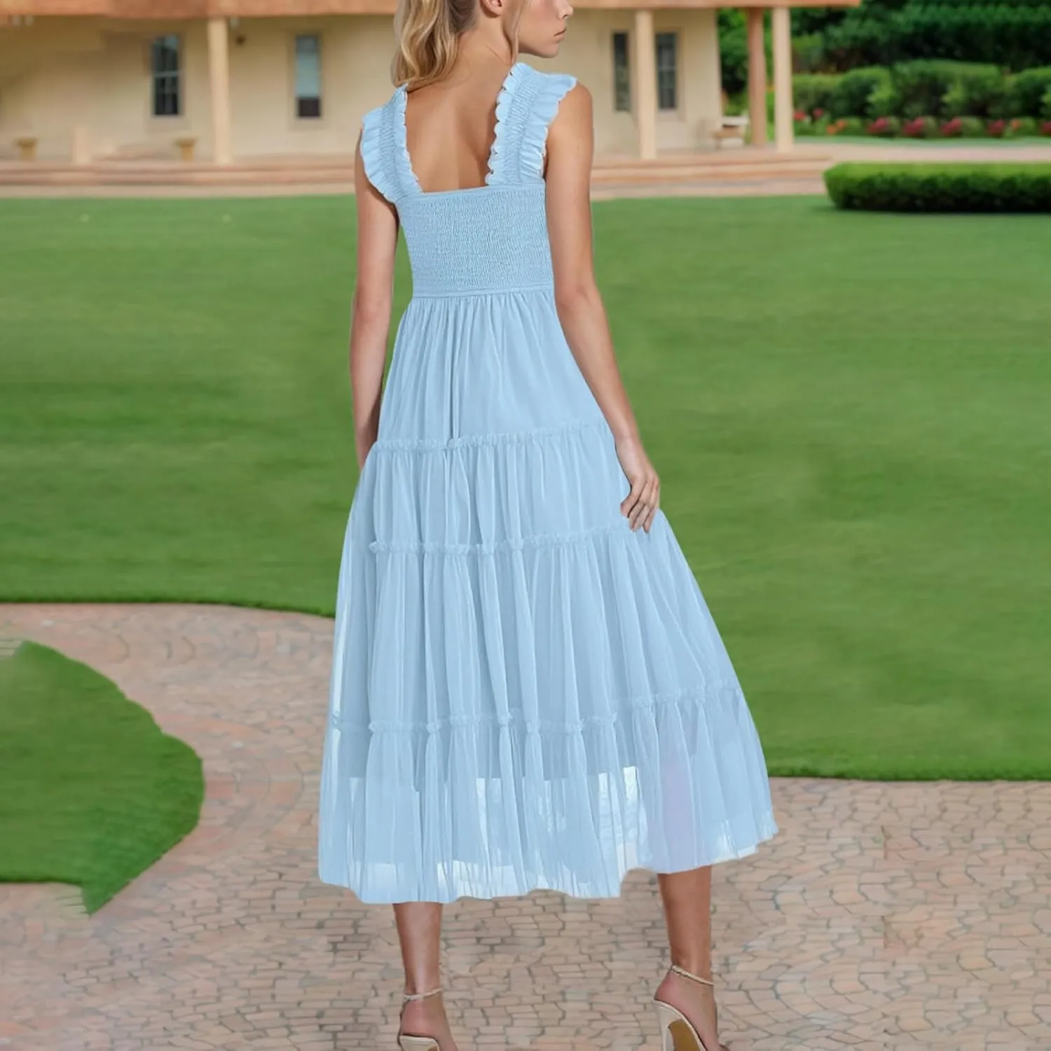 Square Neck Smocked Maxi Dress for Women with Ruffled Straps TieBoho Beach Dress