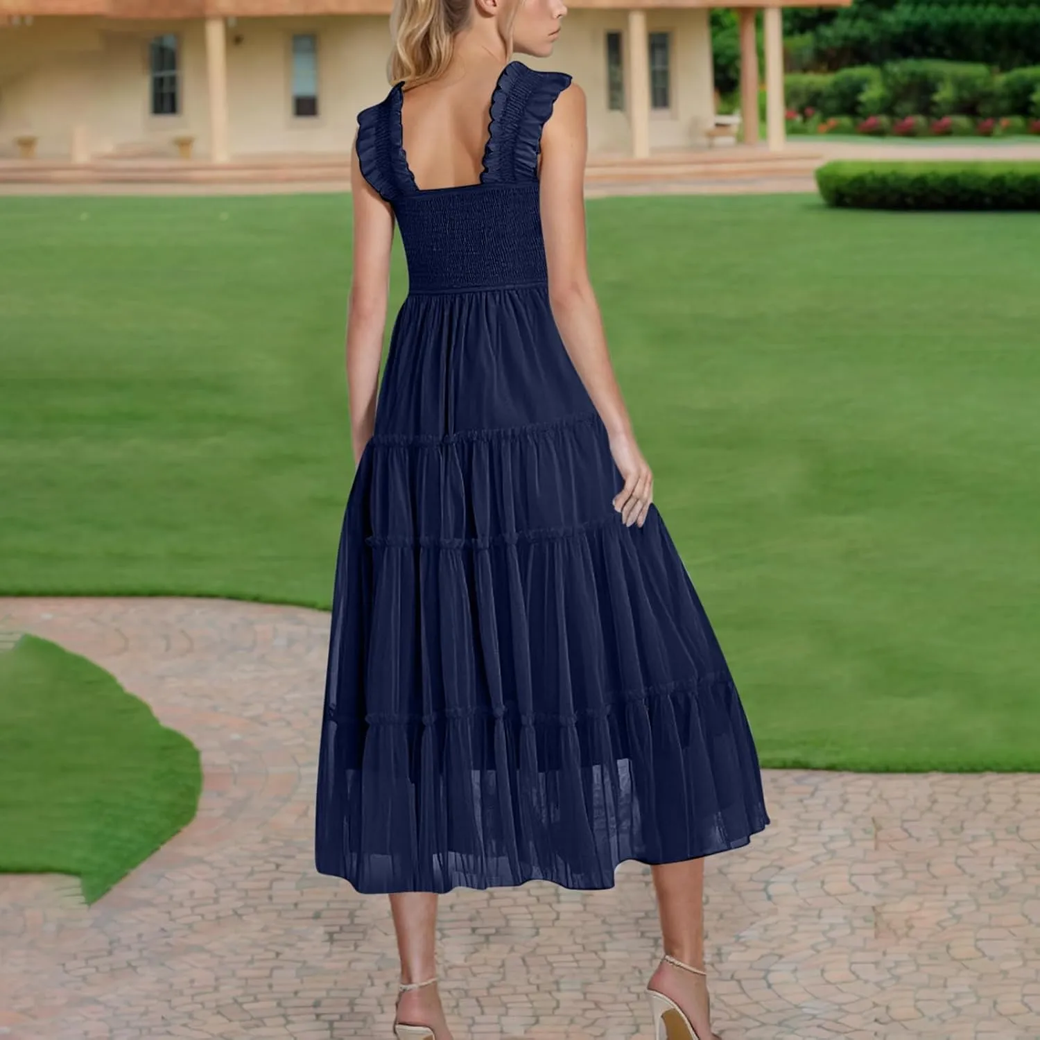 Square Neck Smocked Maxi Dress for Women with Ruffled Straps TieBoho Beach Dress