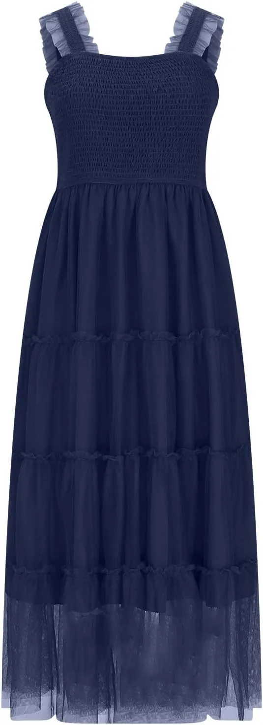Square Neck Smocked Maxi Dress for Women with Ruffled Straps TieBoho Beach Dress
