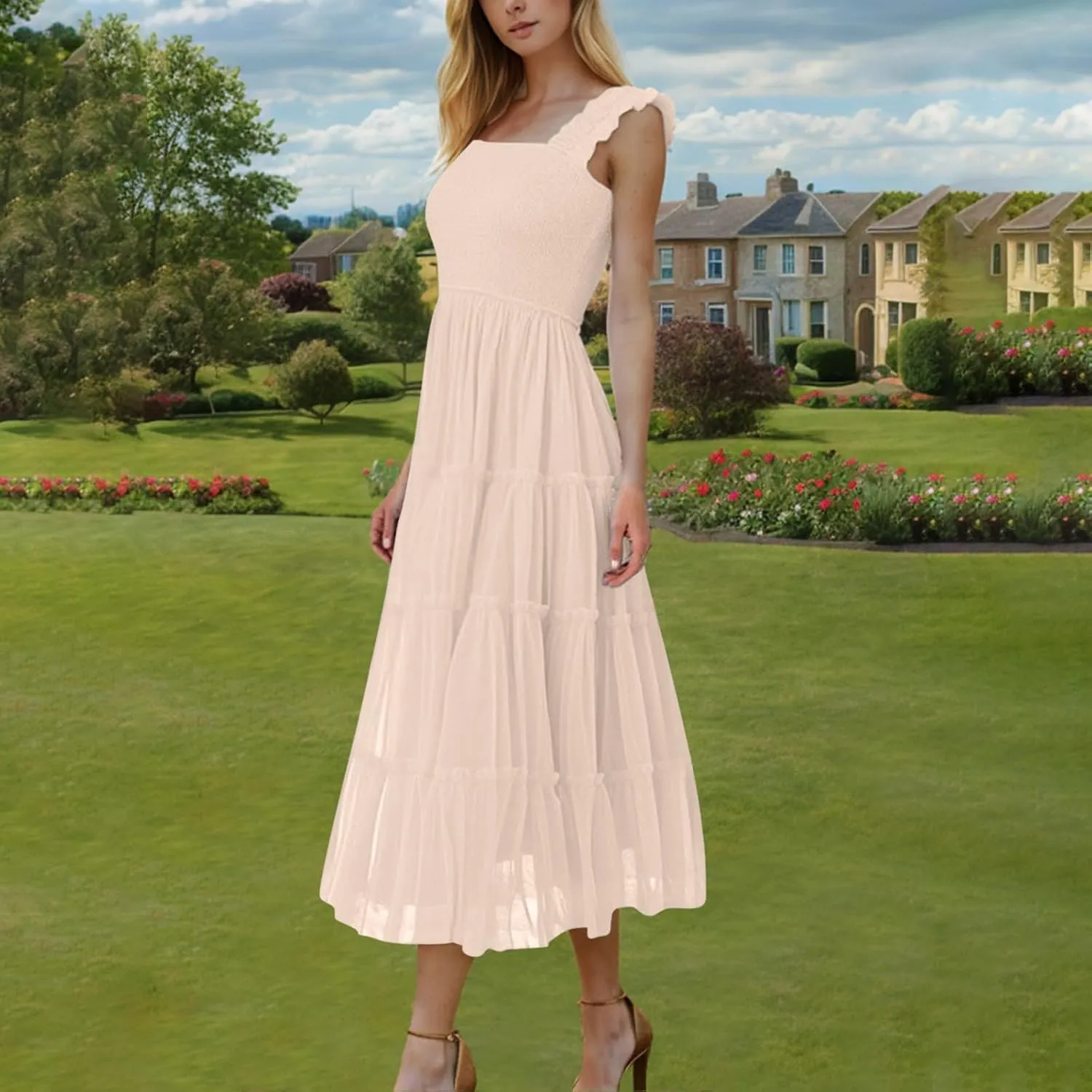 Square Neck Smocked Maxi Dress for Women with Ruffled Straps TieBoho Beach Dress