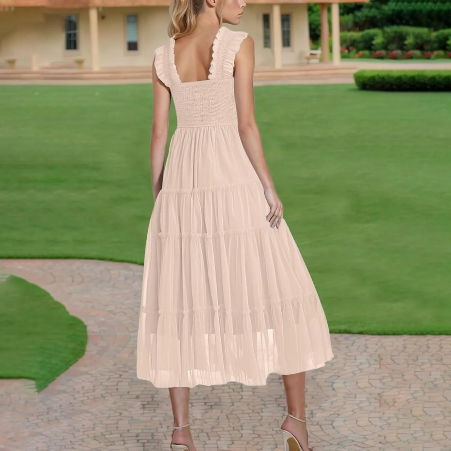 Square Neck Smocked Maxi Dress for Women with Ruffled Straps TieBoho Beach Dress