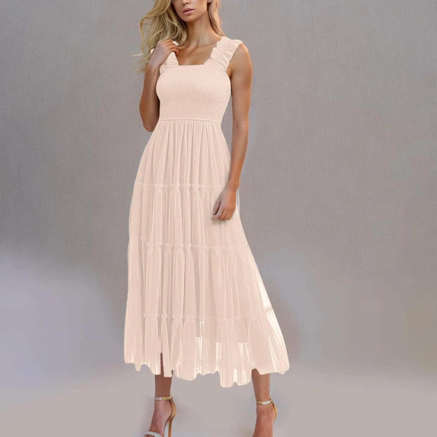 Square Neck Smocked Maxi Dress for Women with Ruffled Straps TieBoho Beach Dress