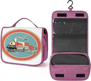Steam Engine Print,Toiletry Bag Hanging Travel Makeup Organizer,Vintage Style Train Transportation Retro,Cosmetic Makeup Bag for Full Sized Toiletries,Multicolor