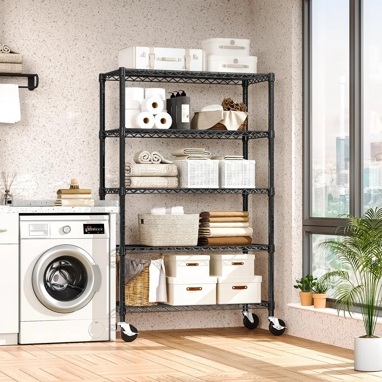 Steel Storage Shelving 5-Tier Utility Shelving Unit with Wheels, Steel Organizer Wire Rack for Home,Kitchen,Office,Garage, 1750 LBS Capacity 17.7" D x 47.2" W x 76.7" H