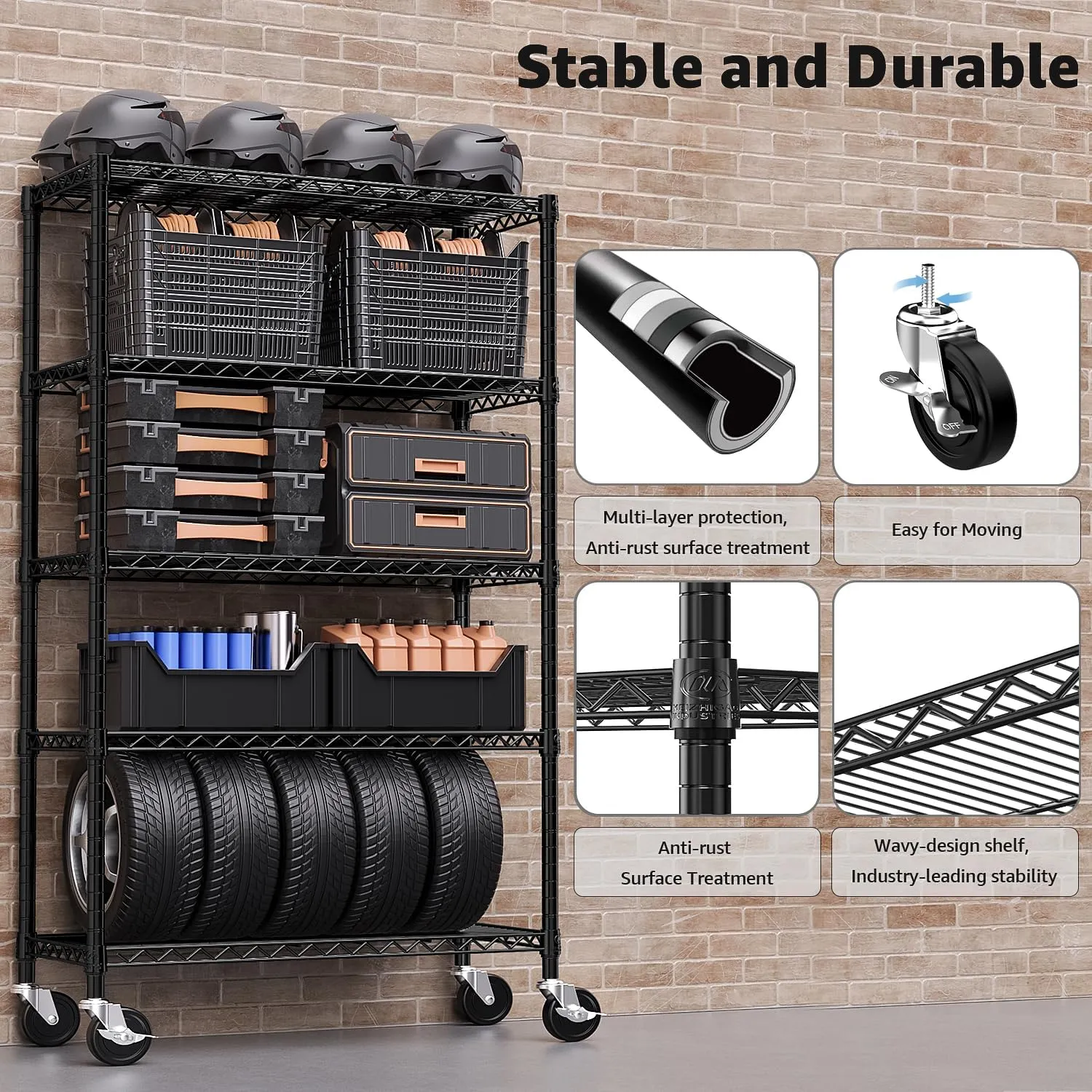 Steel Storage Shelving 5-Tier Utility Shelving Unit with Wheels, Steel Organizer Wire Rack for Home,Kitchen,Office,Garage, 1750 LBS Capacity 17.7" D x 47.2" W x 76.7" H
