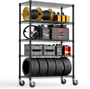 Steel Storage Shelving 5-Tier Utility Shelving Unit with Wheels, Steel Organizer Wire Rack for Home,Kitchen,Office,Garage, 1750 LBS Capacity 17.7" D x 47.2" W x 76.7" H