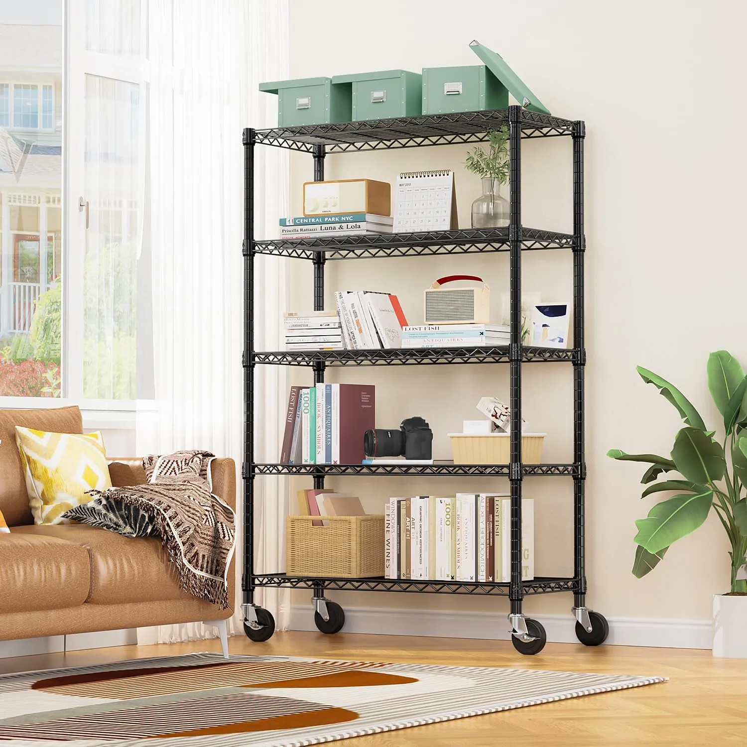 Steel Storage Shelving 5-Tier Utility Shelving Unit with Wheels, Steel Organizer Wire Rack for Home,Kitchen,Office,Garage, 1750 LBS Capacity 17.7" D x 47.2" W x 76.7" H