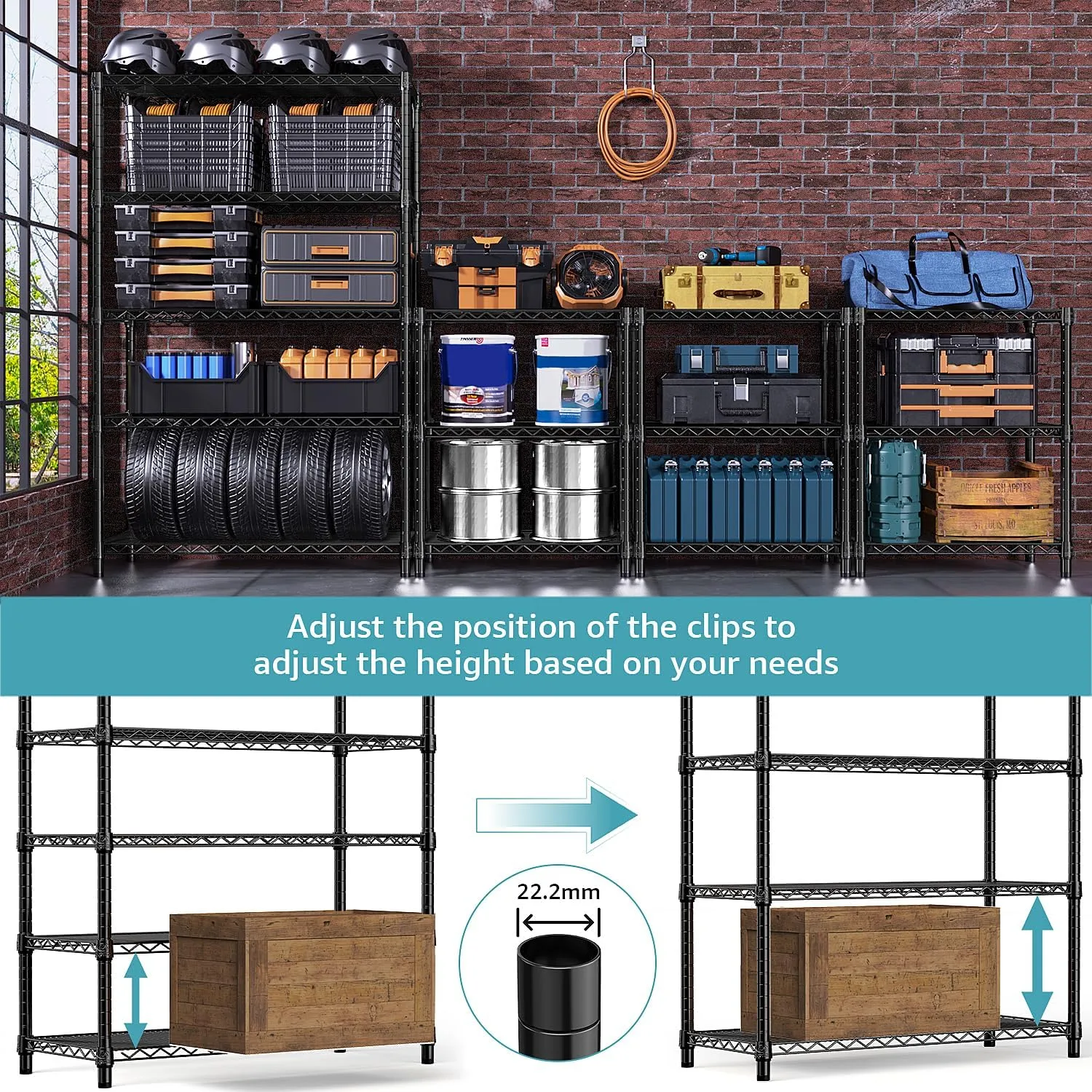 Steel Storage Shelving 5-Tier Utility Shelving Unit with Wheels, Steel Organizer Wire Rack for Home,Kitchen,Office,Garage, 1750 LBS Capacity 17.7" D x 47.2" W x 76.7" H