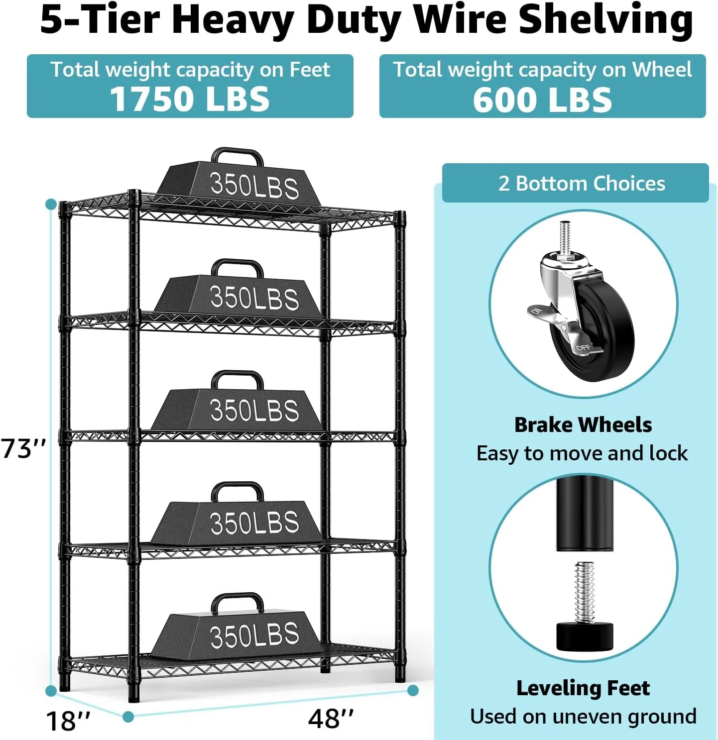 Steel Storage Shelving 5-Tier Utility Shelving Unit with Wheels, Steel Organizer Wire Rack for Home,Kitchen,Office,Garage, 1750 LBS Capacity 17.7" D x 47.2" W x 76.7" H