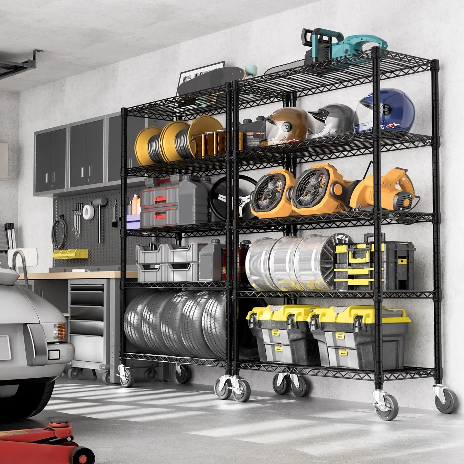 Steel Storage Shelving 5-Tier Utility Shelving Unit with Wheels, Steel Organizer Wire Rack for Home,Kitchen,Office,Garage, 1750 LBS Capacity 17.7" D x 47.2" W x 76.7" H