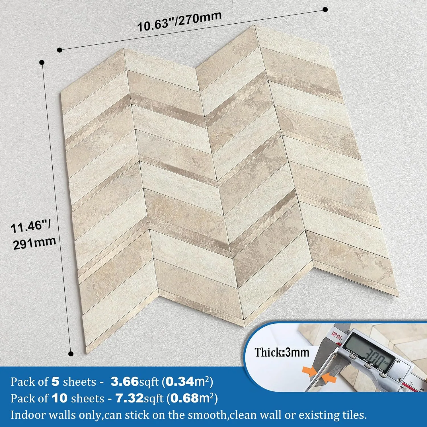 Stone Look Herringbone Peel and Stick Backsplash for Kitchen,Chevron Stick on Backsplash Mosaic Wall Tiles(Beige,5PCS)