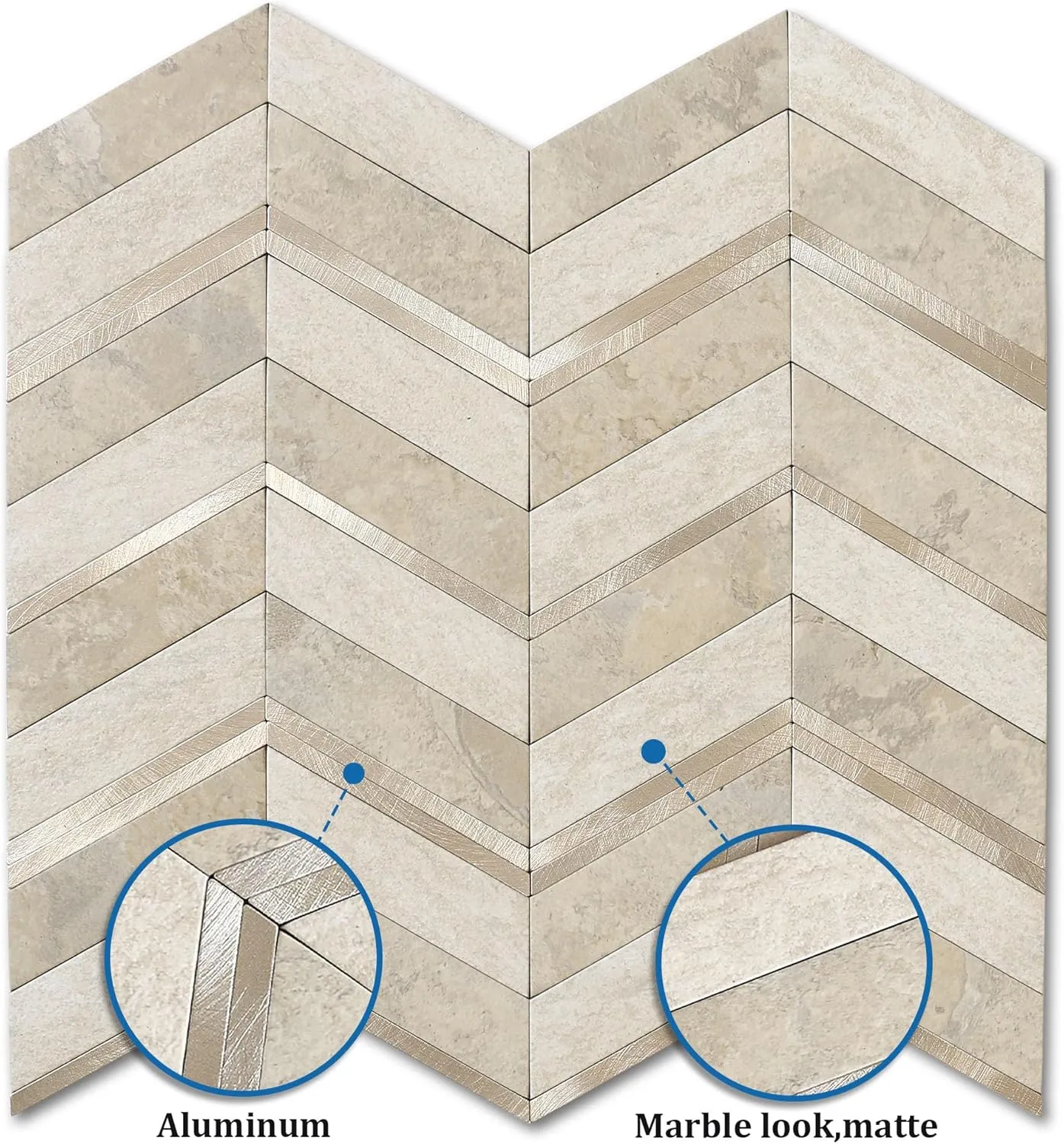 Stone Look Herringbone Peel and Stick Backsplash for Kitchen,Chevron Stick on Backsplash Mosaic Wall Tiles(Beige,5PCS)