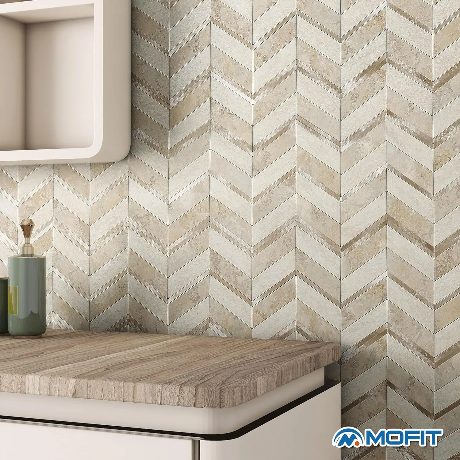 Stone Look Herringbone Peel and Stick Backsplash for Kitchen,Chevron Stick on Backsplash Mosaic Wall Tiles(Beige,5PCS)