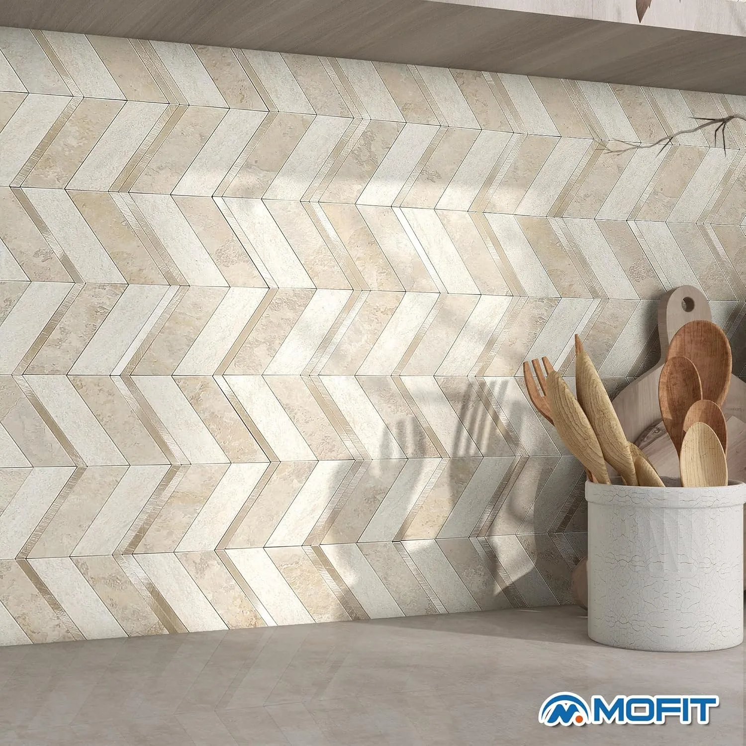 Stone Look Herringbone Peel and Stick Backsplash for Kitchen,Chevron Stick on Backsplash Mosaic Wall Tiles(Beige,5PCS)