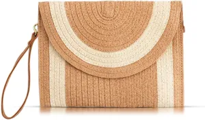 Straw Clutch Purses for Women, Crossbody Bags, Bohemian Handmade Envelope Package, Leather Wristbands, Summer Beach Handbags Suitable for Vacation Travel Daily Matching(Khaki)