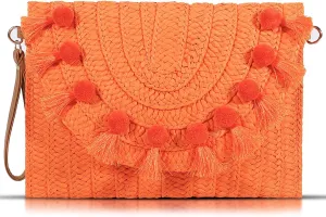 Straw Crossbody Bag for Women, Clutch Purses, Bohemian Handmade Woven Handbags, Tassels Summer Beach Bag, Envelope Wallet (Orange)