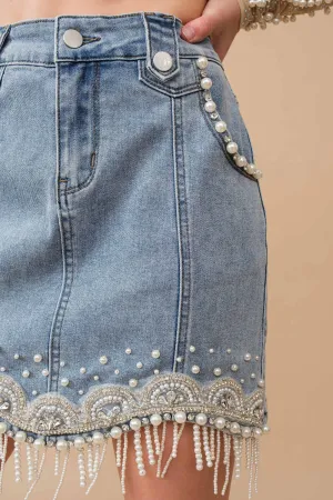 Stretch Denim Embellished Pearl Fringe Skirt