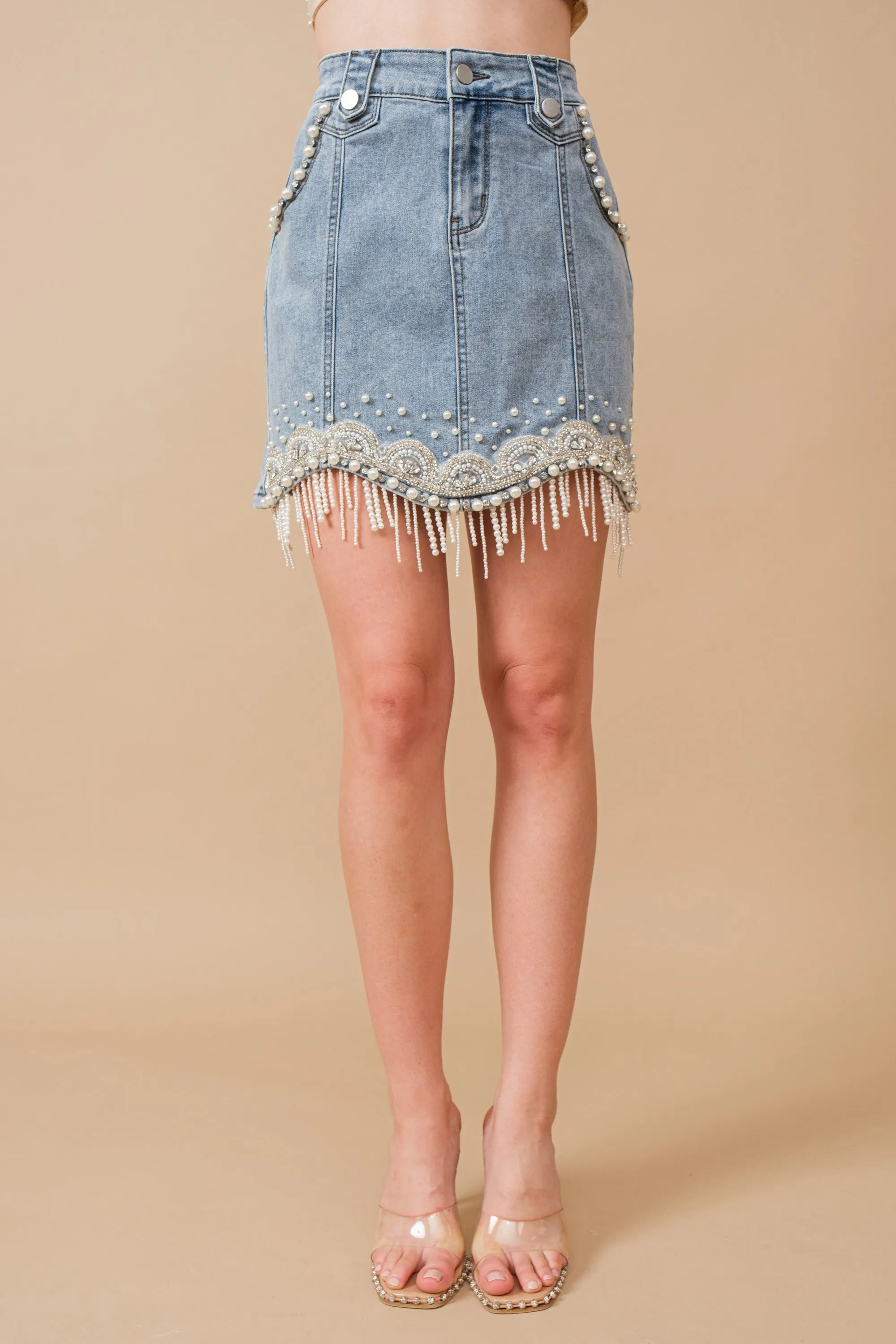 Stretch Denim Embellished Pearl Fringe Skirt