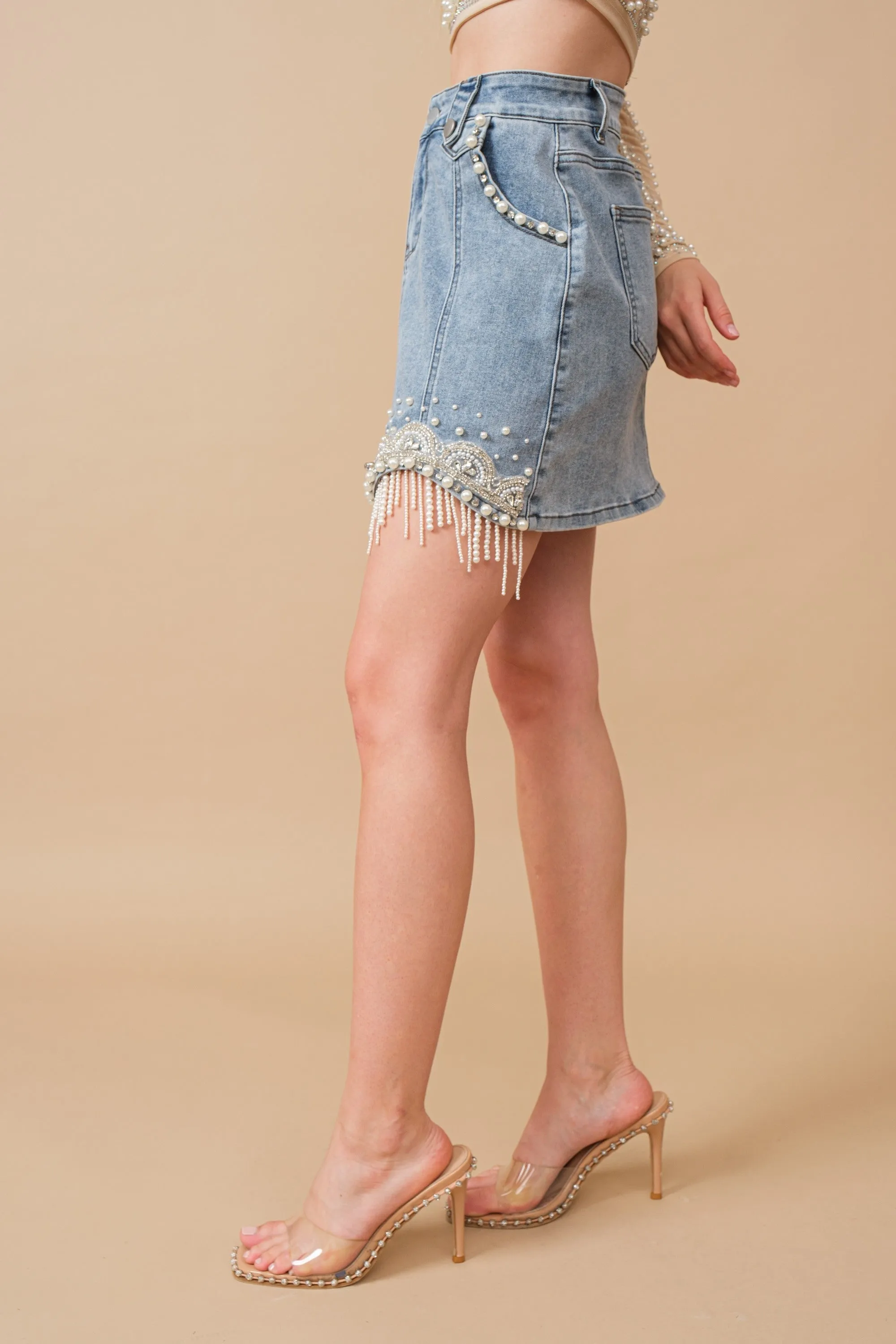 Stretch Denim Embellished Pearl Fringe Skirt