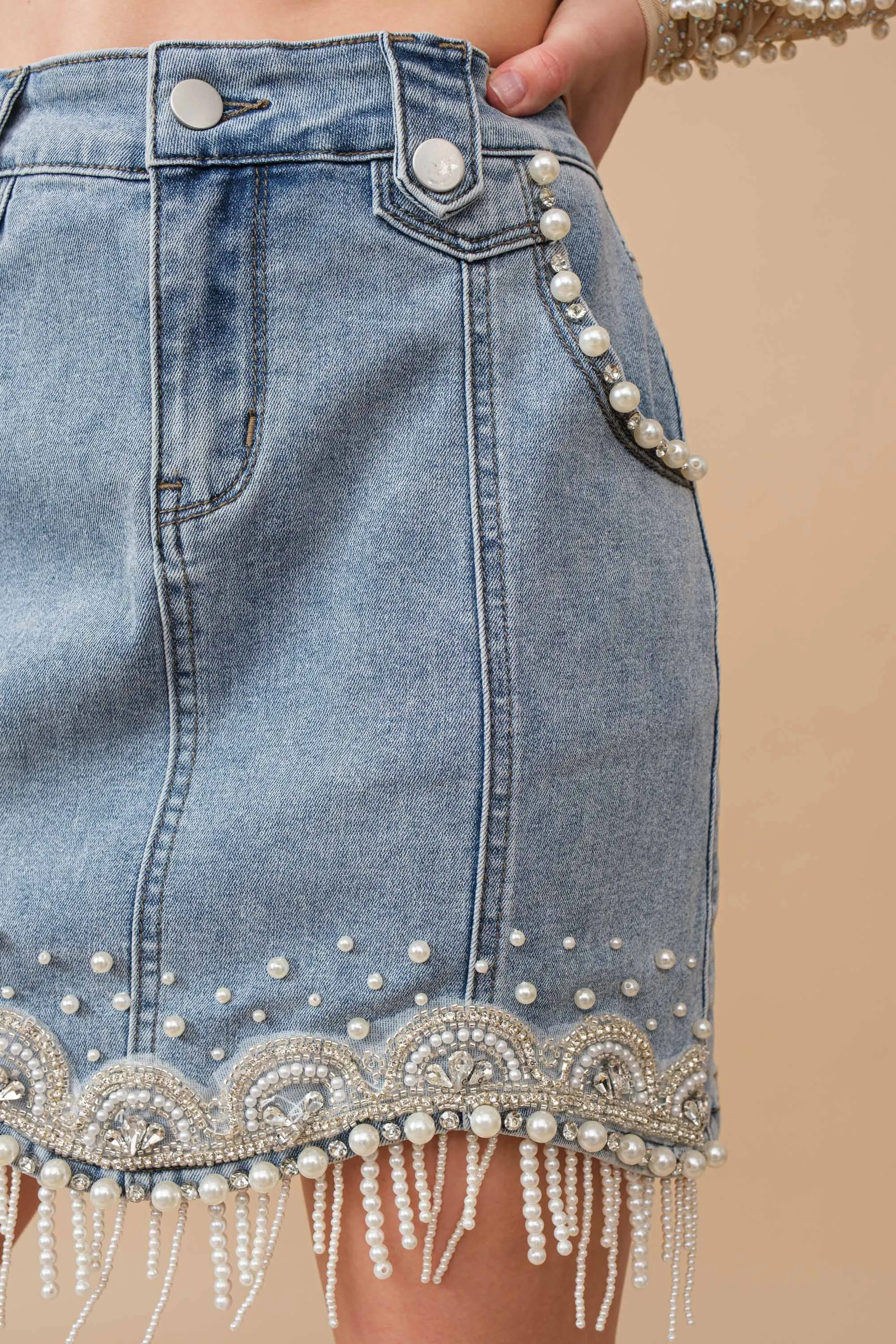 Stretch Denim Embellished Pearl Fringe Skirt