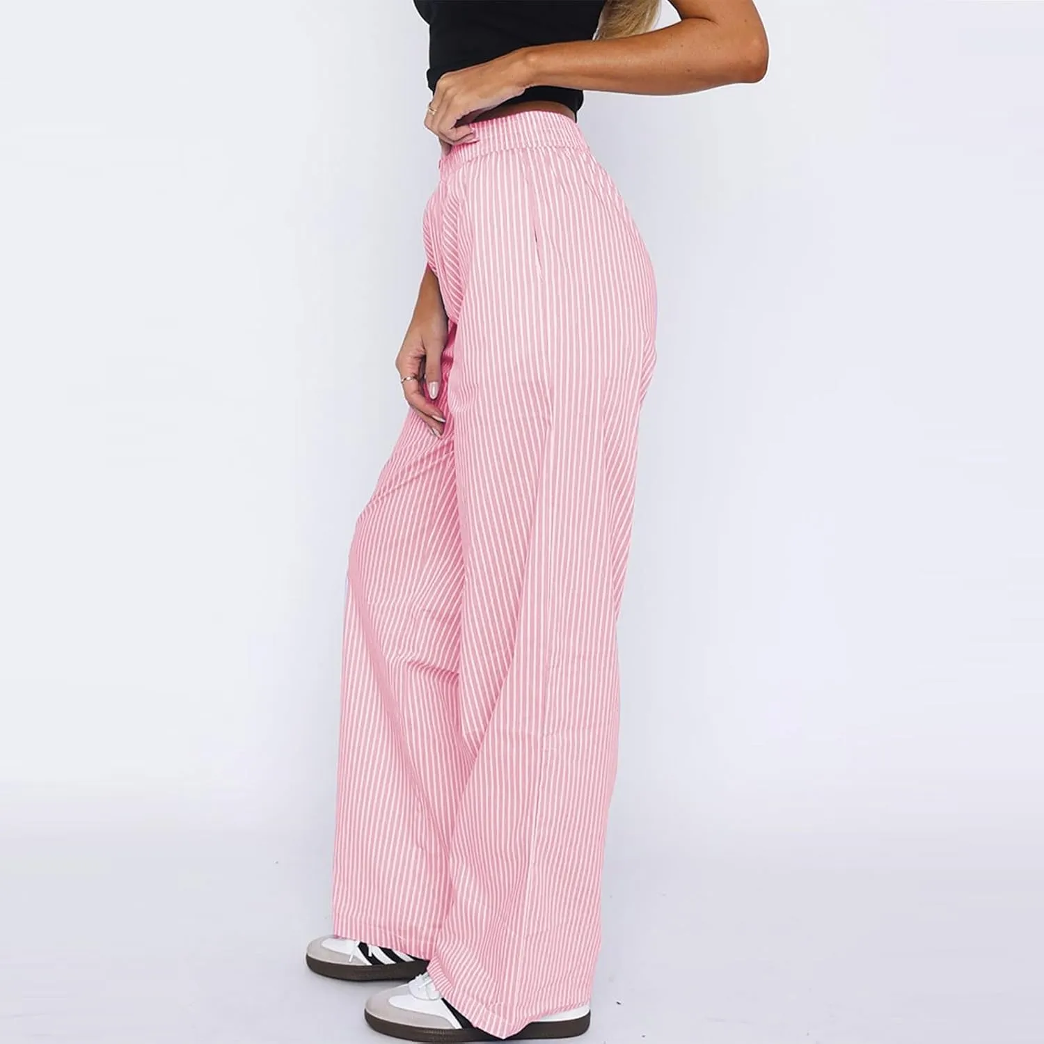 Striped Palazzo Pants for Women Stretch Low Waisted Wide Leg Pajama Pants with Pockets Comfy Soft Lounge Pants Y2k