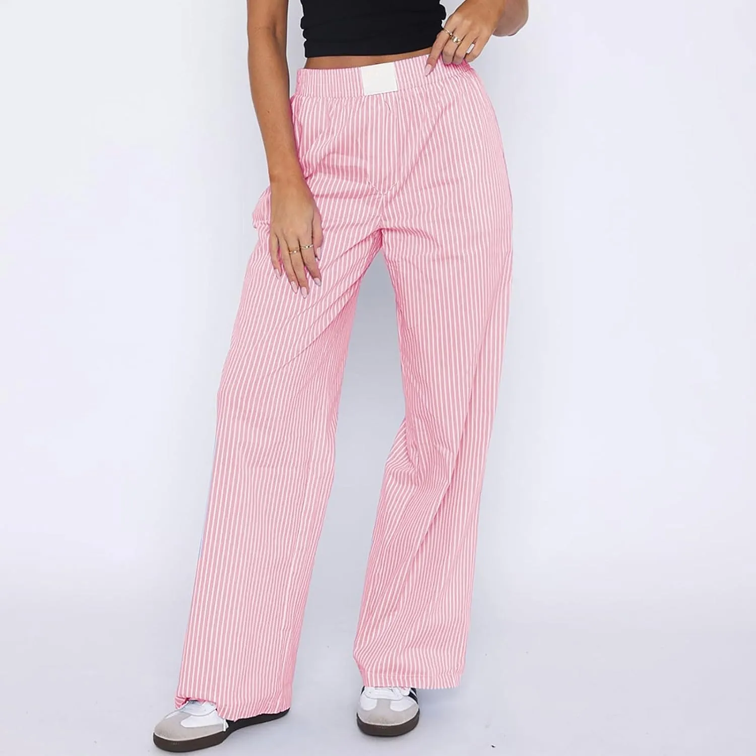 Striped Palazzo Pants for Women Stretch Low Waisted Wide Leg Pajama Pants with Pockets Comfy Soft Lounge Pants Y2k