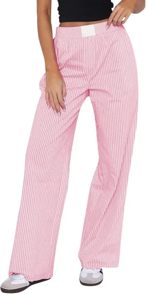 Striped Palazzo Pants for Women Stretch Low Waisted Wide Leg Pajama Pants with Pockets Comfy Soft Lounge Pants Y2k