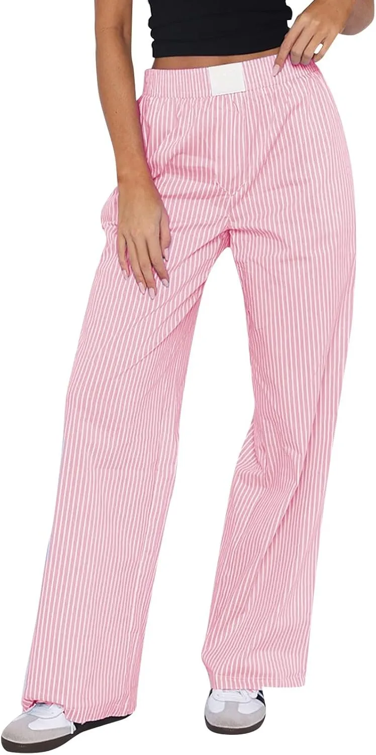 Striped Palazzo Pants for Women Stretch Low Waisted Wide Leg Pajama Pants with Pockets Comfy Soft Lounge Pants Y2k