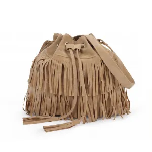 Suede Drawstring Bucket Bag Women Handbag Faux Fringe Tassel Shoulder Crossbody Messenger Bag Boho Style