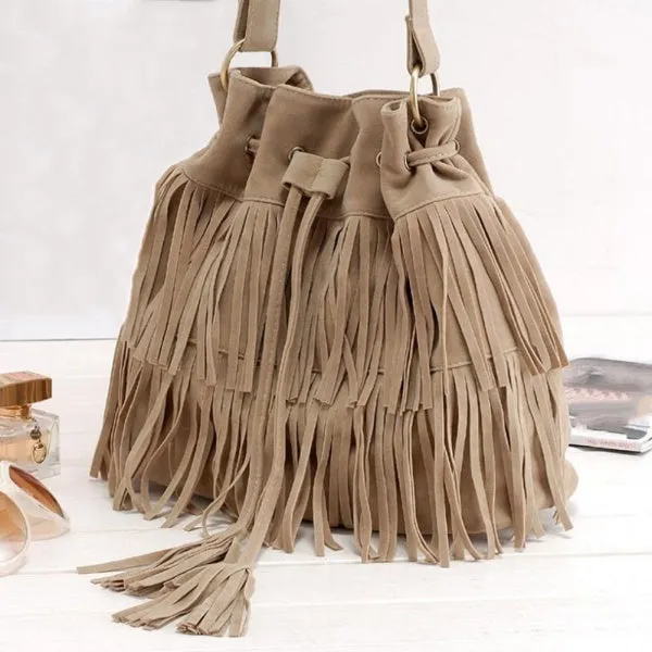 Suede Drawstring Bucket Bag Women Handbag Faux Fringe Tassel Shoulder Crossbody Messenger Bag Boho Style