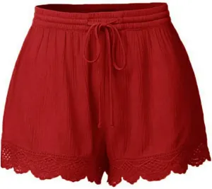 Summer Casual Shorts for Women Lace Trim Comfy Pajama Bottoms Elastic Waist Drawstring Loose Yoga Lounge Short Pants