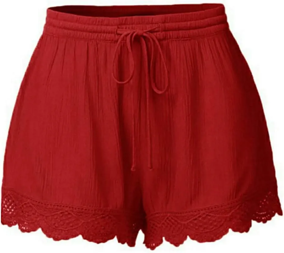 Summer Casual Shorts for Women Lace Trim Comfy Pajama Bottoms Elastic Waist Drawstring Loose Yoga Lounge Short Pants