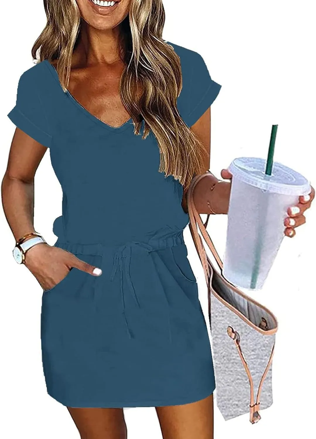 Summer Dresses for Women 2025 Casual V-Neck Short Sleeve Sundress Ladies Fashion Work Mini Dresses with Pockets