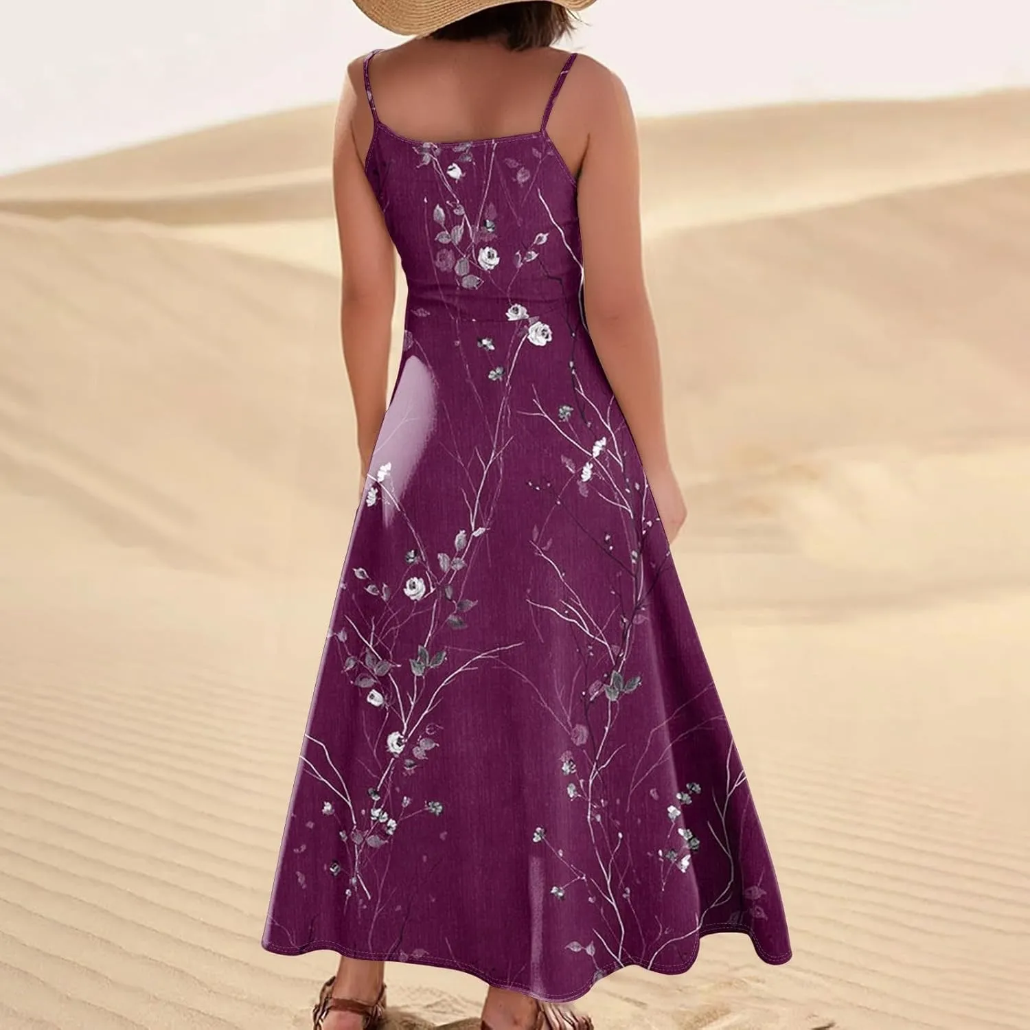 Summer Dresses for Women 2025 Trendy Floral Spaghetti Strap Maxi Sundresses Paisley Print Waist Sleeveless Dress with Pockets