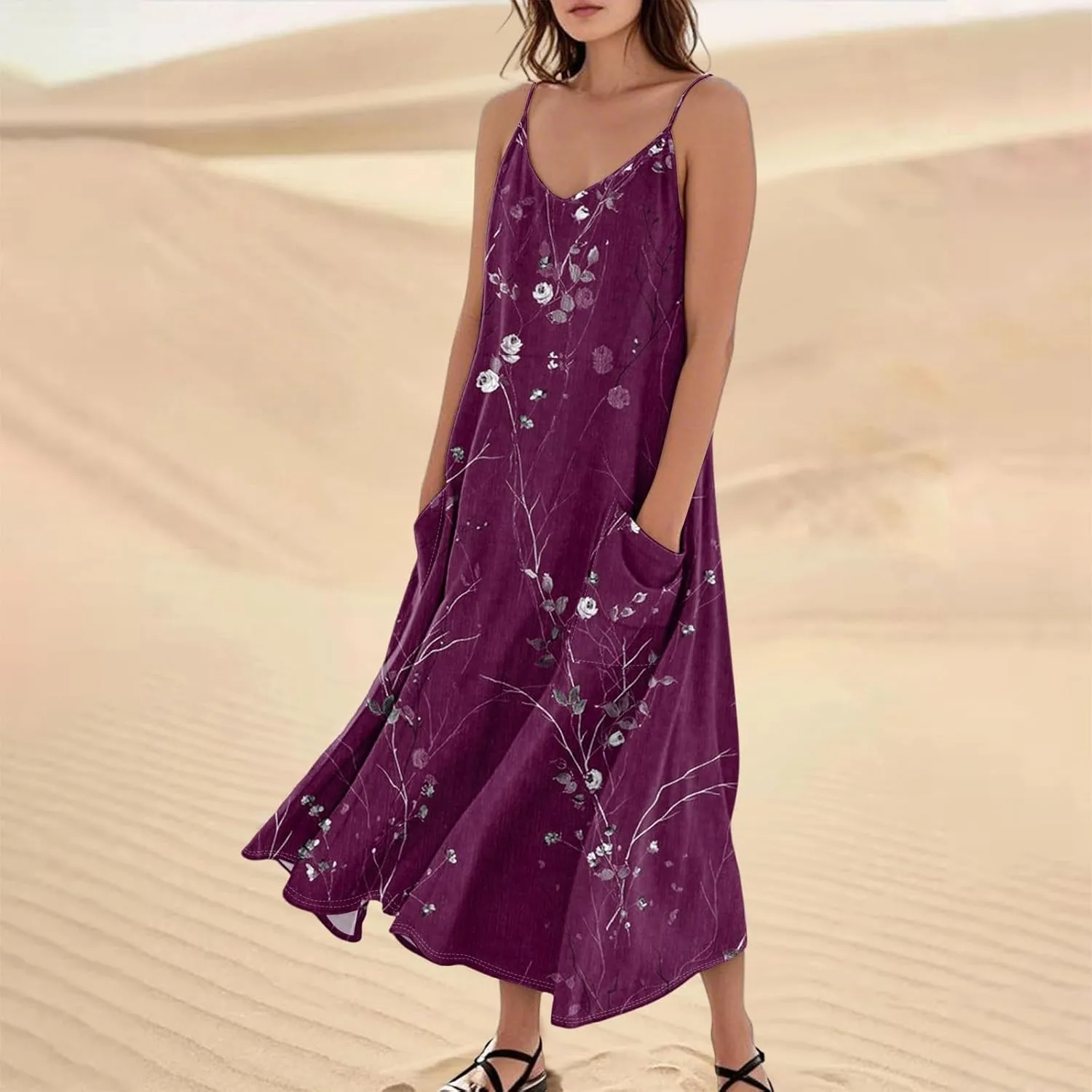 Summer Dresses for Women 2025 Trendy Floral Spaghetti Strap Maxi Sundresses Paisley Print Waist Sleeveless Dress with Pockets