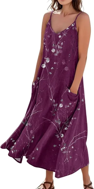 Summer Dresses for Women 2025 Trendy Floral Spaghetti Strap Maxi Sundresses Paisley Print Waist Sleeveless Dress with Pockets