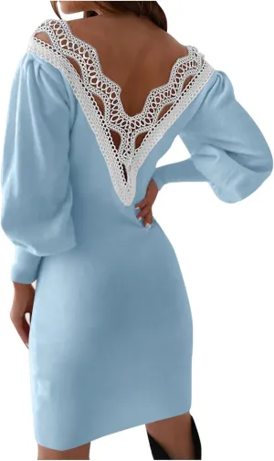 Summer Dresses for Women 2025 V-Neck Long Sleeve Sundresses A-Line Ladies Elegant Lace Crochet Beach Mini Dress